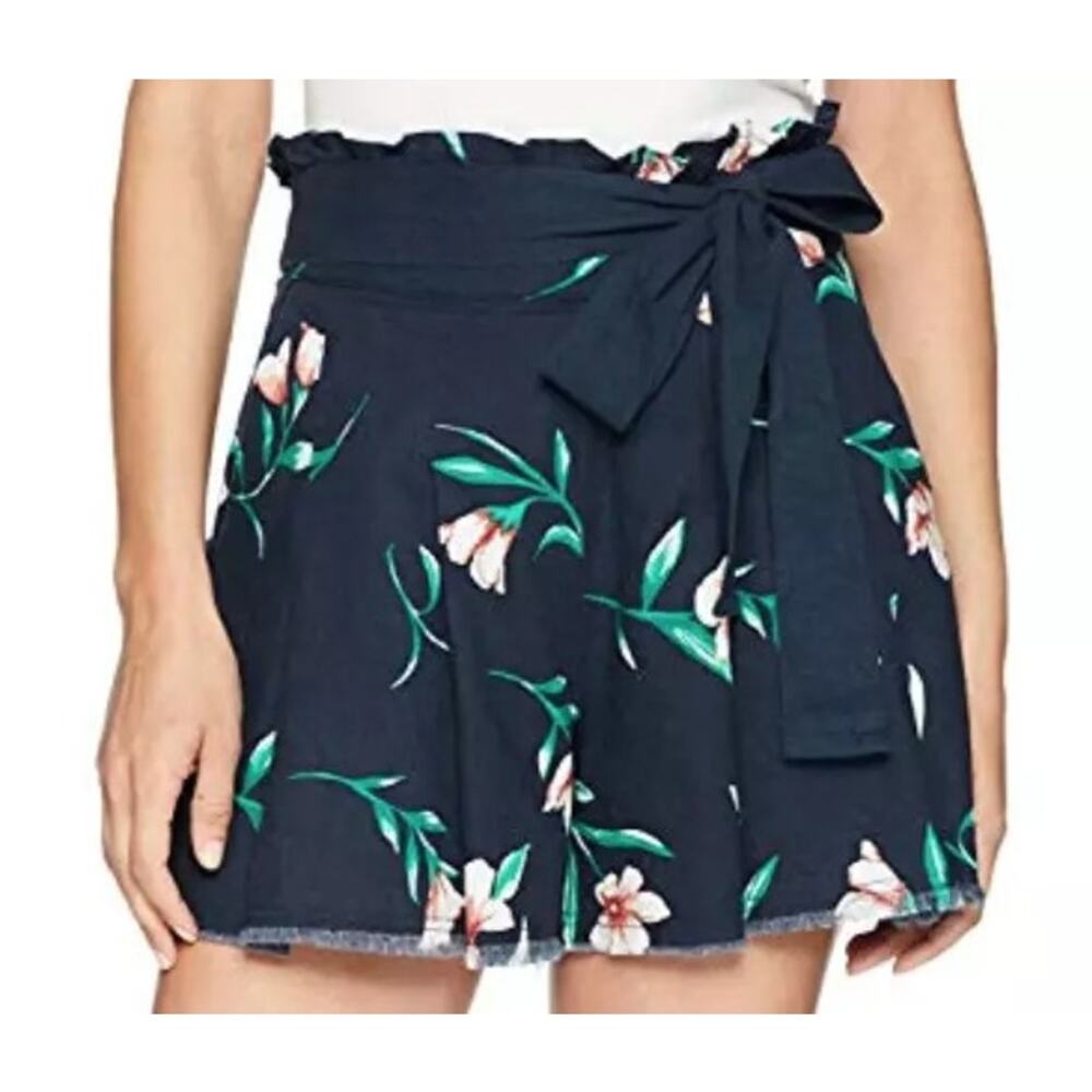 Moon River High Waisted Paperbag Pleated Loose Fit Belted Floral Shorts M Blue